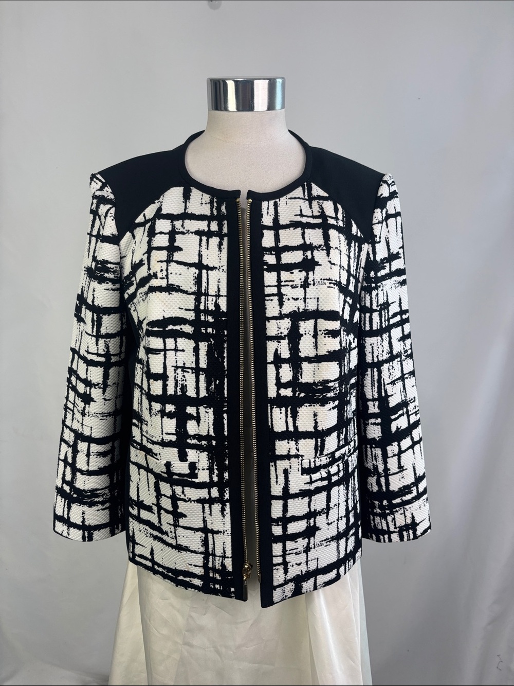 NIPON BOUTIQUE BLACK WHITE PRINT ZIP FRONT JACKET